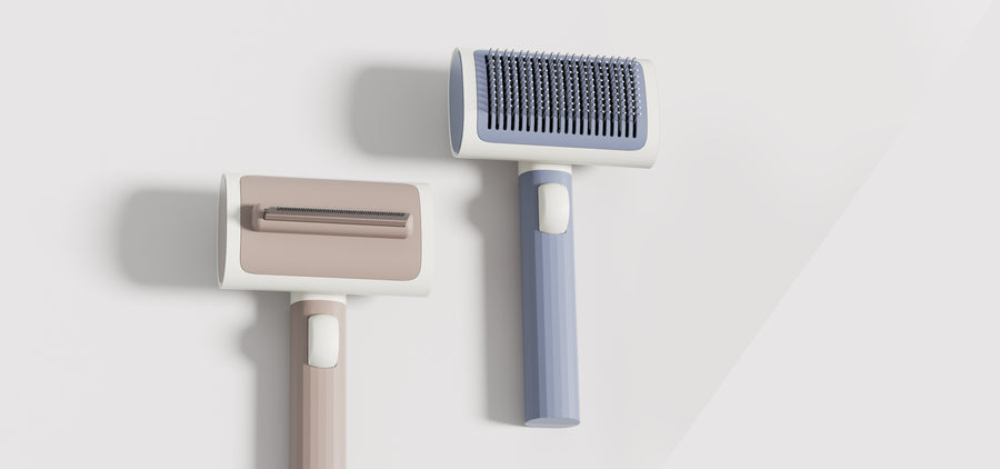 2-in-1 Pet Brush Kit with interchangeable heads for tangle and fur removal, pop-out function for easy cleaning and enhancing coat lustre.