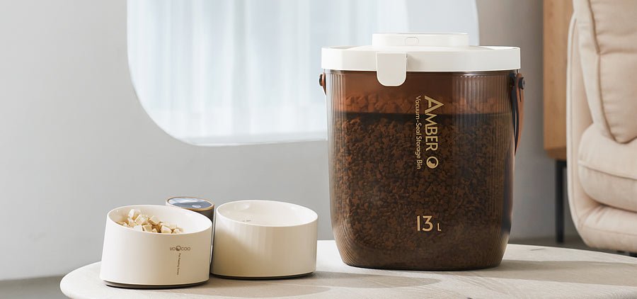 The Voocoo Amber Vacuum-Seal Storage Bin and The Libra Bowl Duo with Integrated Scale